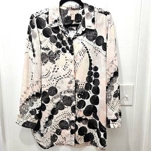 CHICO'S Long Sleeve Button Up Gray Pink Polka Dot Lace Dress Blouse Sz 1(Med 8)